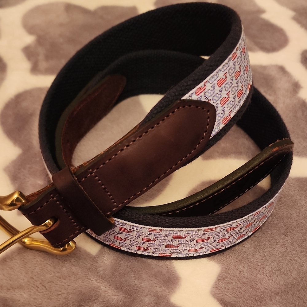 Vineyard Vines USA American Whales STARS STRIPES Flag Silk Canvas Leather Belt